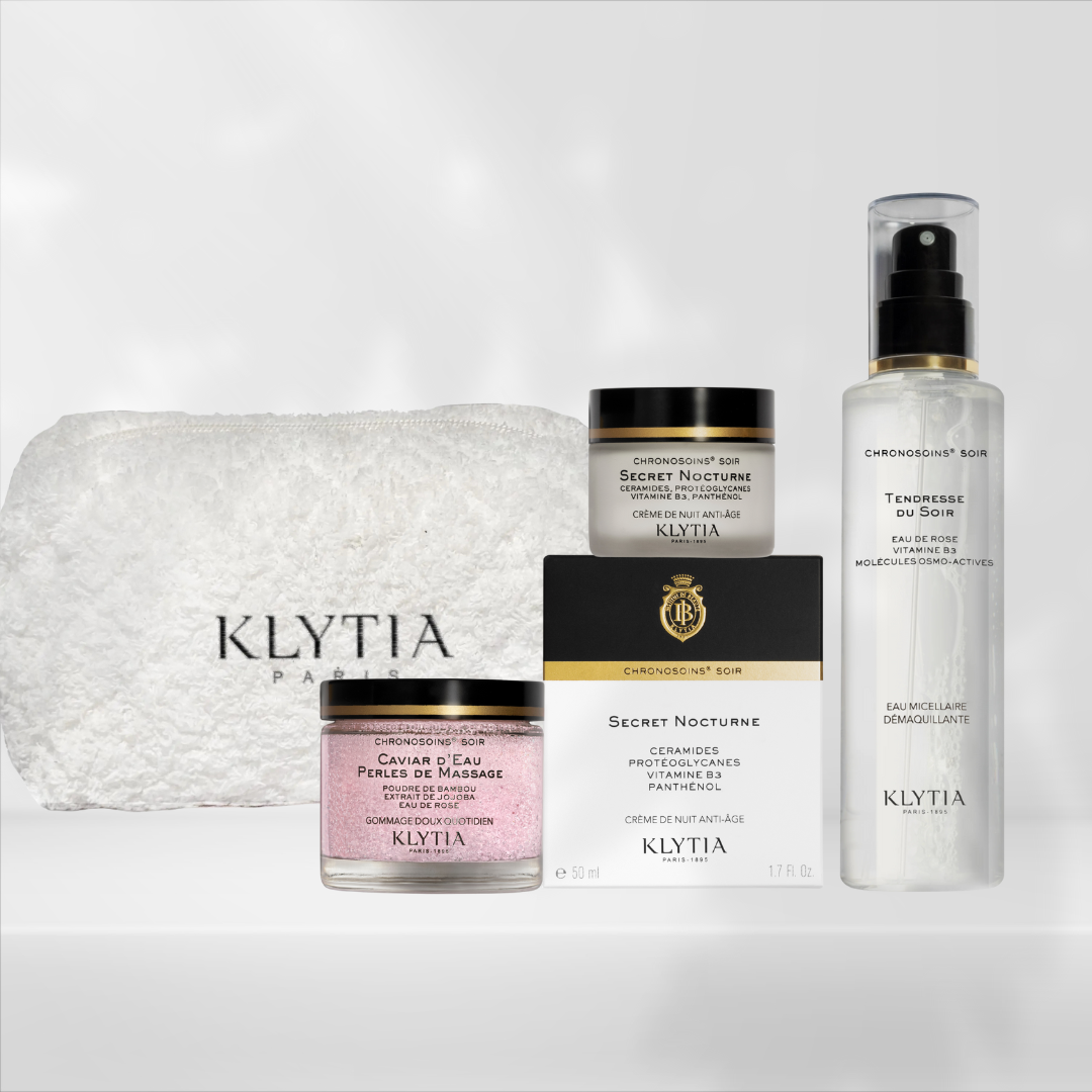 KLYTIA – Kit Anti-Âge Soir : Tendresse du Soir + Caviar d’Eau + Secret Nocturne + Trousse de Beauté Voyage