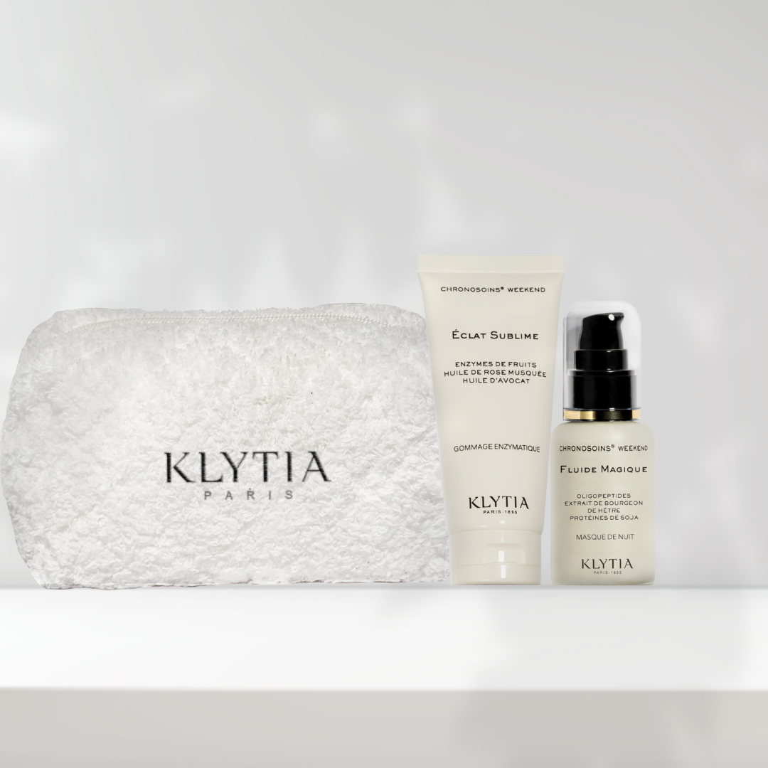 KLYTIA – Kit Weekend : Gommage Éclat Sublime + Masque de Nuit Fluide Magique + Trousse