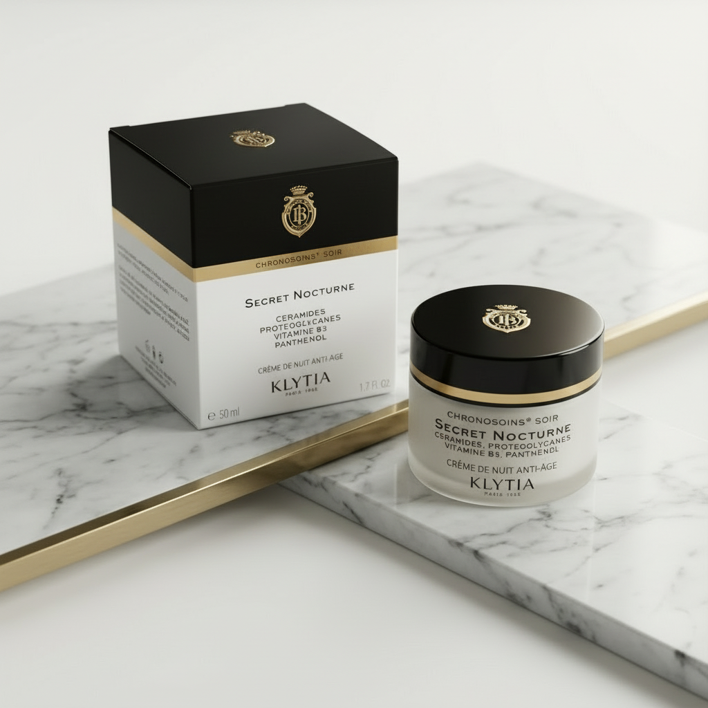 KLYTIA black and white skincare jar with golden logo
